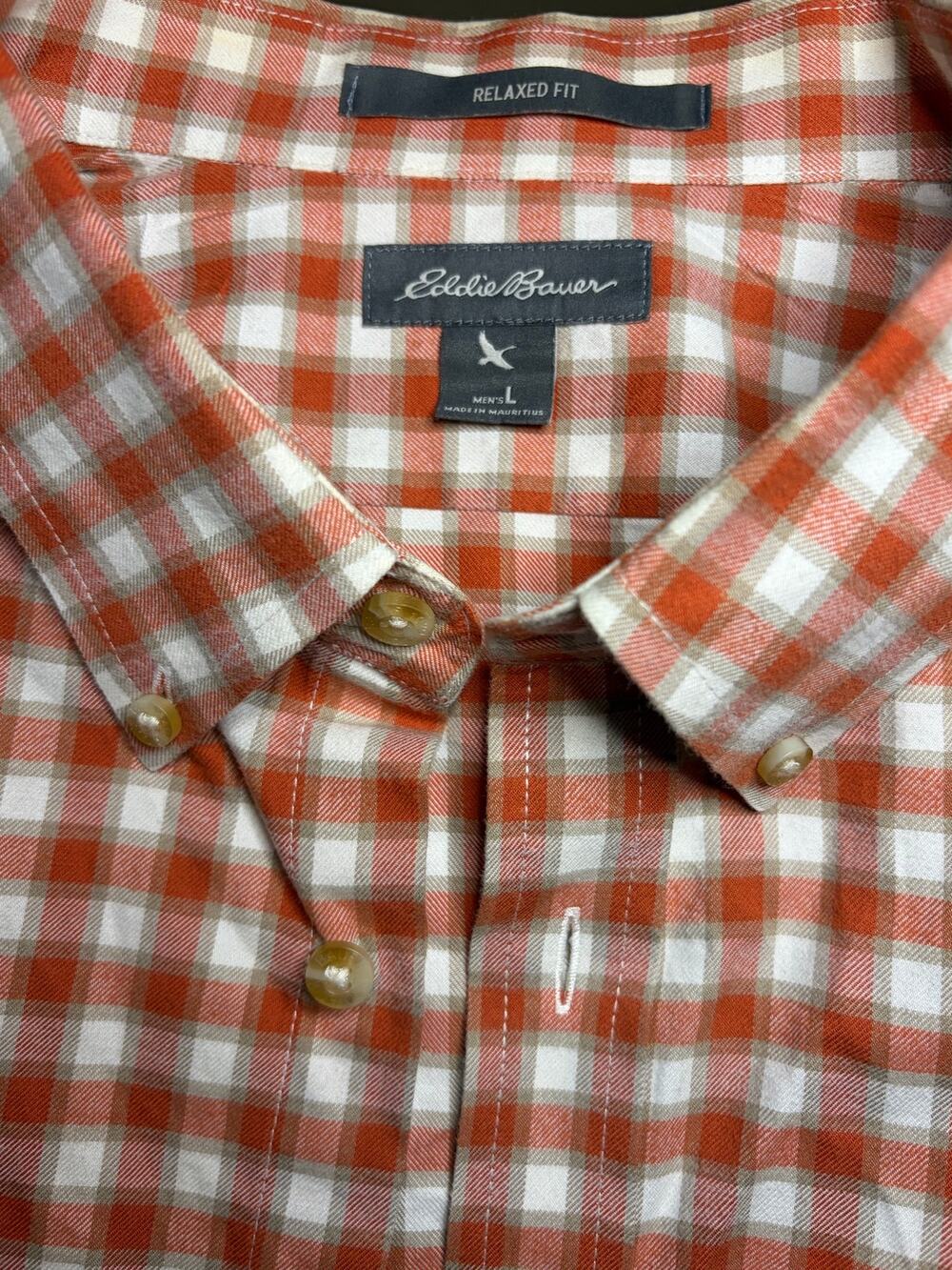 Eddie Bauer Relaxed Fit Button Down Shirt Men’s L Orange Plaid 100% Cotton